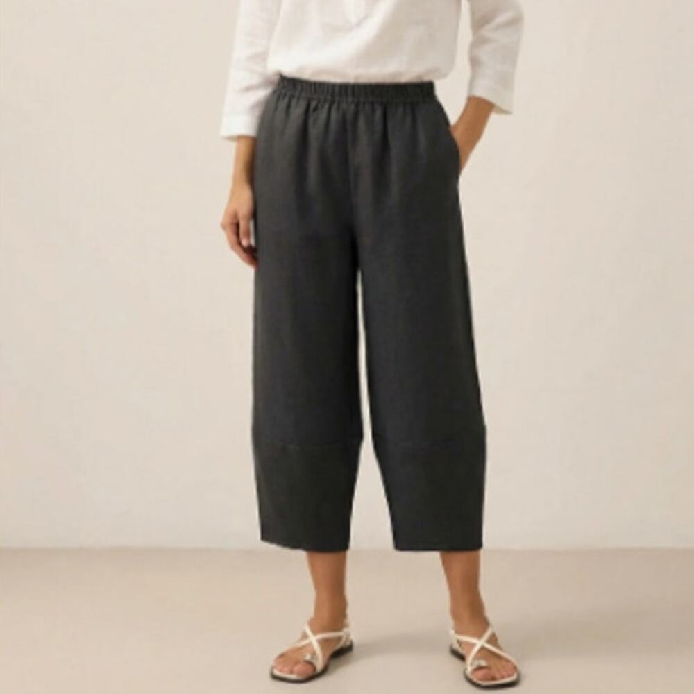 Lintico Rory 100% Linen Cropped Lantern Pants Size M Black Minimalist Lagenlook